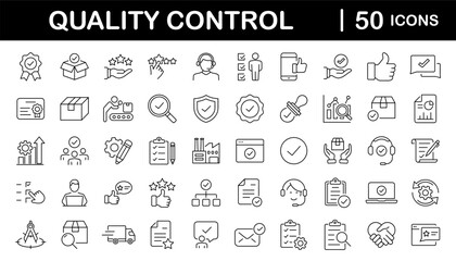 Quality control set of web icons in line style. Quality Check computing icons for web and mobile app. Containing inspection, evaluation, production, quality assurance, certificate, testing and more