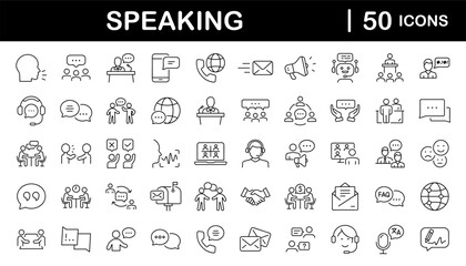 Speaking set of web icons in line style. Communication icons for web and mobile app. Containing people, communication, talking, discussion, speech bubble, team, support and more