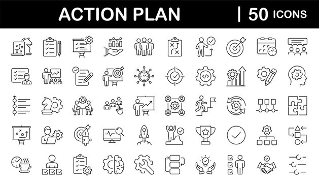 Action plan set of web icons in line style. Strategy action planning  icons for web and mobile app. Containing strategy, analysis, planning, strategy, analysis, tasks, goal, implementation and more