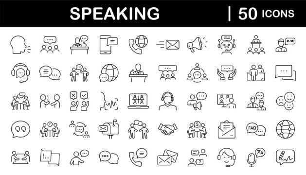 Speaking set of web icons in line style. Communication icons for web and mobile app. Containing people, communication, talking, discussion, speech bubble, team, support and more