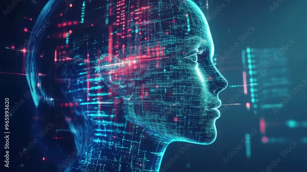 Poster a digital rendering of a human head, constructed of glowing lines and circuits, representing the con