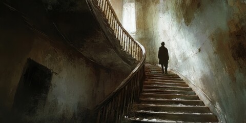 A lone figure ascends a weathered staircase in a dimly lit building.