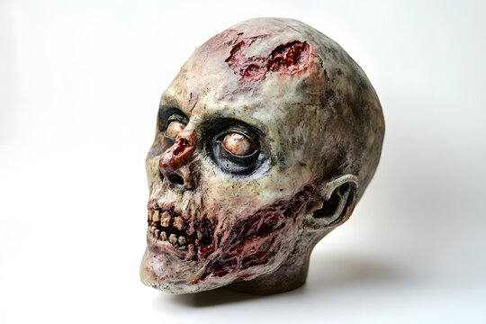  Human scary zombie head isolated on a white background.
