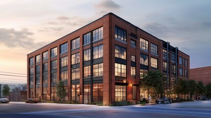 Obraz premium An older brick warehouse building repurposed as loft apartments in the heart of downtown, blending historic and modern design.