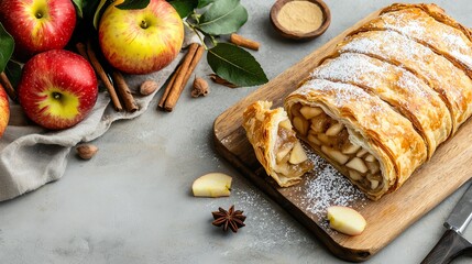 Austrian apple strudel with powdered sugar, flaky pastry, classic dessert