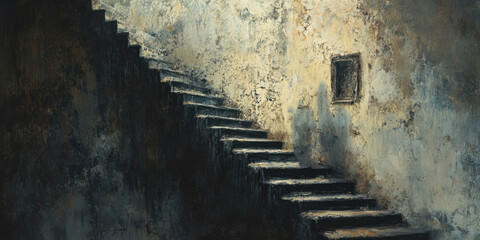 Solitary Figure Ascending a Worn Staircase