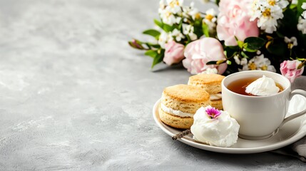 British afternoon tea set with scones and clotted cream, Victorian charm, English tea tradition