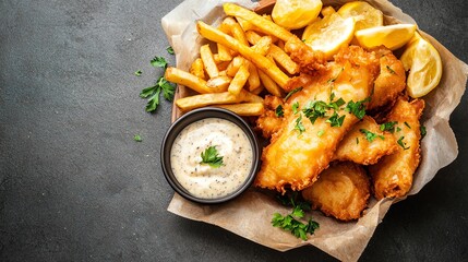 British fish and chips with tartar sauce, seaside dining, classic comfort food