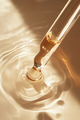 Macro shot long pipette dropper with pouring transparent  beige or golden serum flat lay on wet...