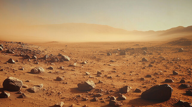 An picture of the surface of Mars, rocks and sand in the foreground, a vast flat landscape with distant dunes in the background, with a grainy film-like quality.