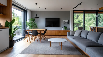 Fototapeta premium A contemporary open-concept living room with a cozy sofa, dining table, plants, and large windows overlooking greenery.