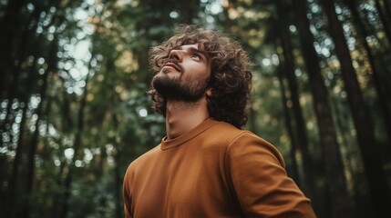 Naklejka premium A man gazing upward in a lush green forest during the early morning light with towering trees surrounding him