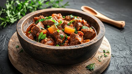 Fototapeta premium Hungarian goulash in a rustic bowl, hearty stew, Eastern European flavors