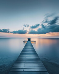 Obraz premium Serene lake sunrise with wooden pier and boathouse