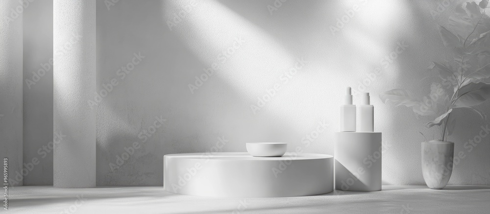 Poster Abstract setting for product display against a monochrome backdrop 3D rendering of a scene for showcasing products or presenting cosmetics on a pedestal