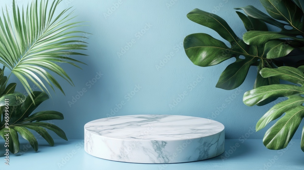 Poster white marble display podium adorned with natural leaves set against a blue background 3d render