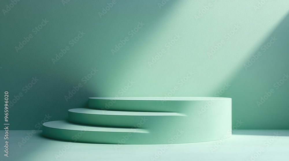 Poster pastel green cylindrical podium with steps set against a blue background three dimensional render of