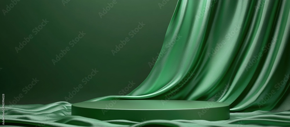 Aufkleber green podium with a satin wave curtain on a green backdrop vacant pedestal for showcasing natural co