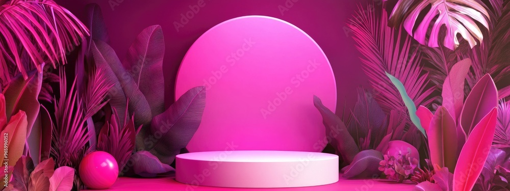 Poster square pink arch featuring a square opening accompanied by a white round podium display alongside ab
