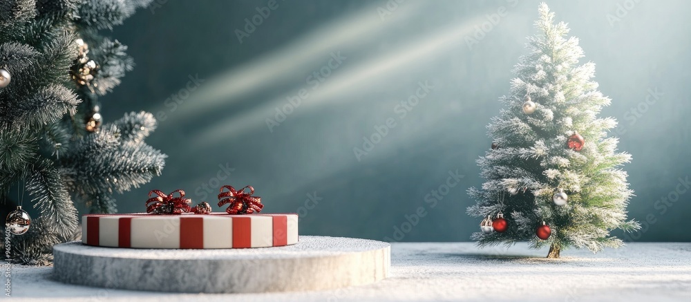 Aufkleber christmas and new year product display podium mockup featuring a decorated tree 3d render background