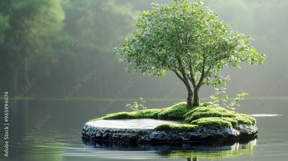 Poster natural display podium by the water featuring a tree and moss 3d render 3d illustration