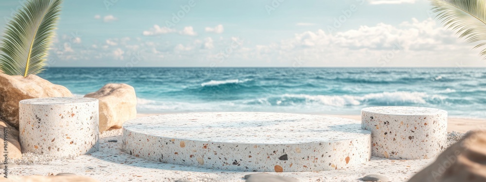Aufkleber summer beach backdrop featuring a terrazzo podium for showcasing products 3d rendering