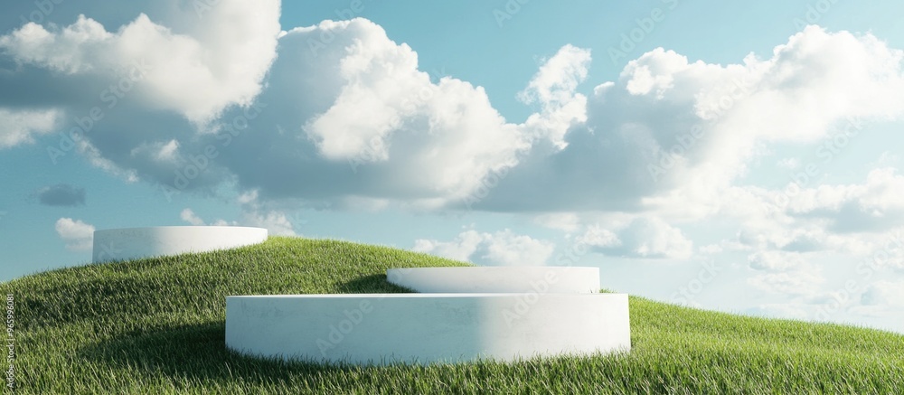 Canvas Prints Abstract 3D rendering of a white podium set against a grassy field background with clouds and sky designed for product display and advertising purposes