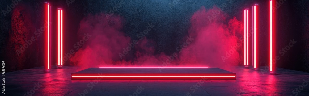 Poster Product Display Stage Featuring Red Neon Light Against a Dark Backdrop 3D Rendering