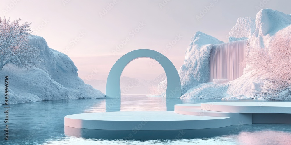 Poster abstract winter landscape featuring geometric shapes an arch and a podium overlooking a tranquil lak