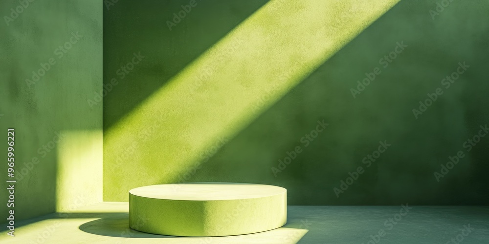 Poster Minimal abstract geometric background featuring direct sunlight in green and yellow tones An empty podium is highlighted for product presentation in a 3D rendering
