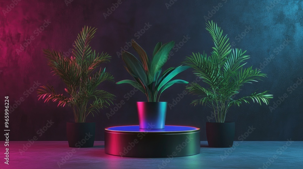 Poster Isolated metal icon on a podium surrounded by three plants with multicolored lighting depicted in orthogonal projection 3D render