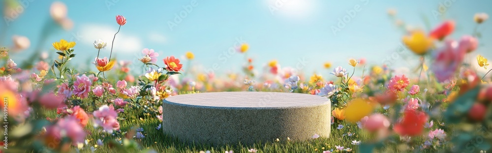 Aufkleber Abstract 3D rendering of a spring scene featuring a stone podium on a grassy field with a vibrant floral backdrop for product display and advertising purposes