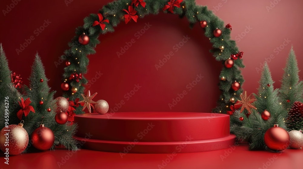 Poster merry christmas holiday themed empty podium space realistic 3d rendering for product showcase