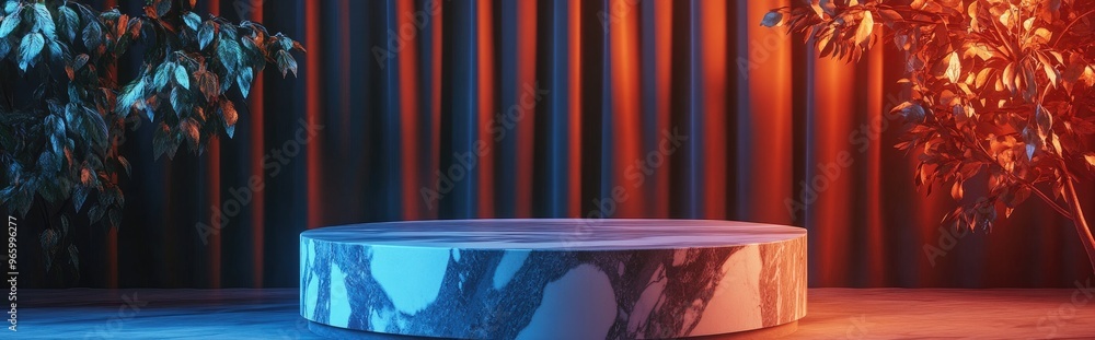 Poster Marble display podium with shadows and natural leaves against a brown curtain backdrop 3D rendering