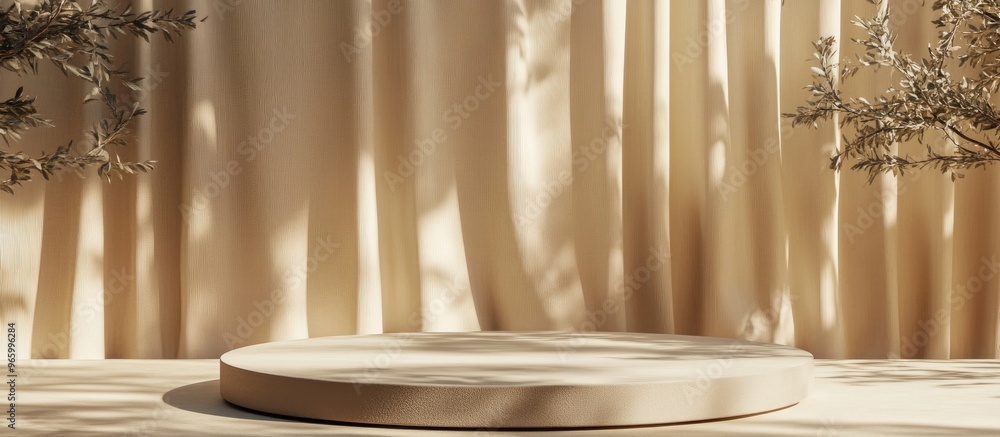 Poster beige platform against a beige curtain backdrop featuring sunshade and tree shadows abstract setting
