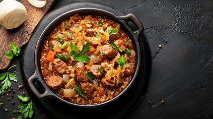 Polish bigos with sauerkraut and sausages, traditional hunter's stew, rich flavors