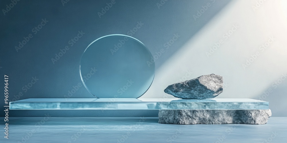 Poster Glass platform against a blue backdrop featuring a stone beneath and a circular glass element in the background creating an abstract setting for product display 3D rendering
