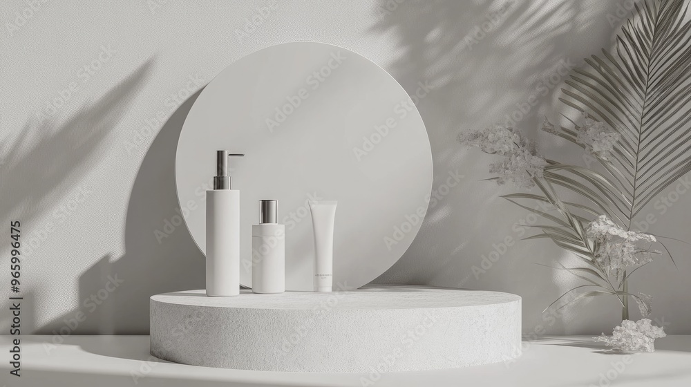 Poster minimalistic cosmetic podium scene featuring a grey background with a 3d rendered platform white sto