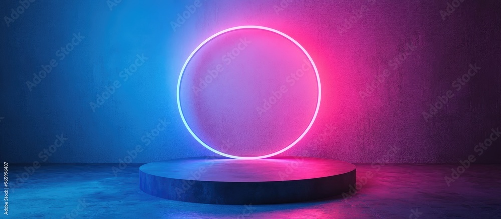 Aufkleber Empty podium surrounded by a gradient neon ring on a backdrop 3D render featuring an abstract scene with a pink and blue neon frame