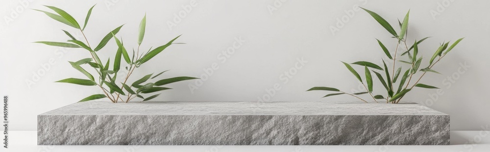 Poster stone display podium adorned with bamboo leaves on a white background 3d rendering