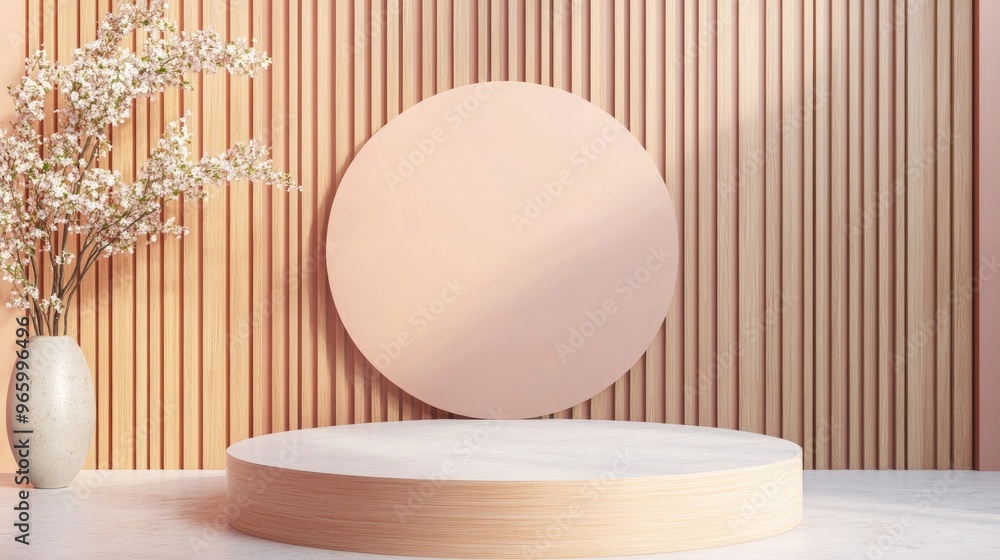 Aufkleber Pastel colored booth podium in a circular stage display with a table background template featuring a minimalist wood wall composition in 3D rendering