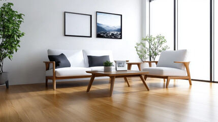 Bright living room featuring minimalist wooden furniture, large windows, and indoor plants creating a clean, contemporary atmosphere.