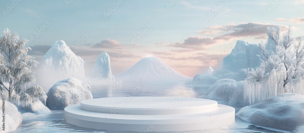 Poster abstract 3d rendering of a winter scene featuring a natural podium background with a white podium ag