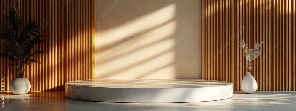 Poster Elegant shiny podium in a minimalistic style for mock up presentations featuring ample copy space and a 3D rendered abstract background design
