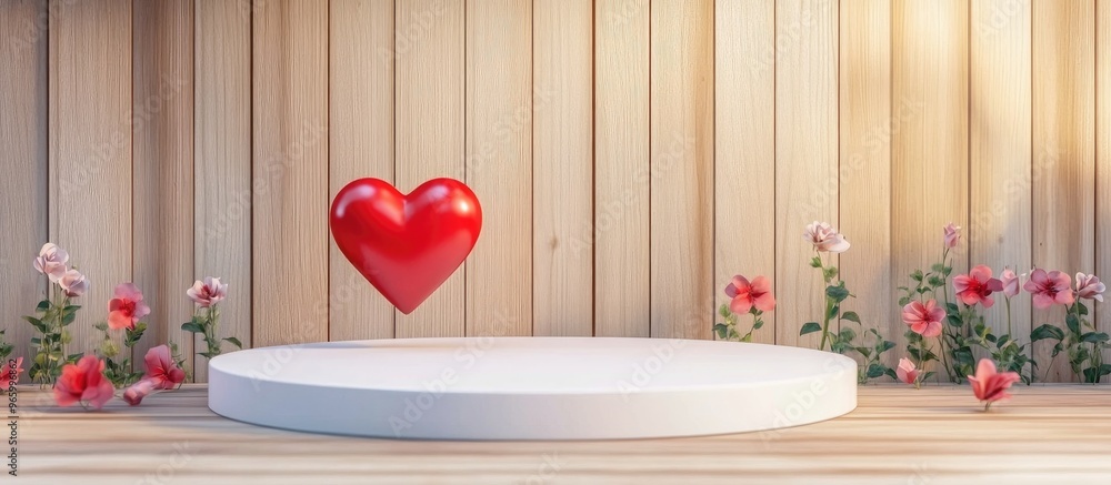 Poster white podium with valentine s day love theme featuring red heart against a wooden wall background fo