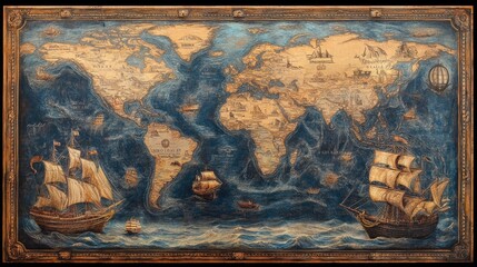 A vintage world map with intricate borders and antique ships illustrated across the oceans.