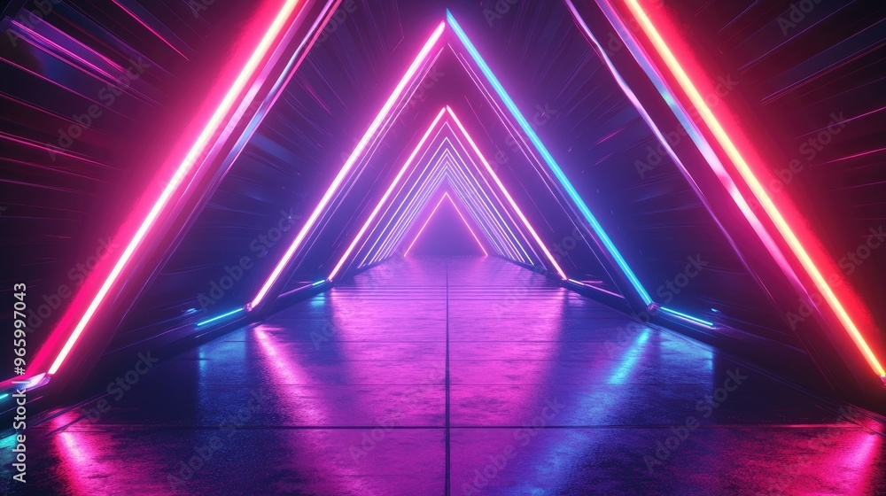 Poster vibrant laser triangle podium in purple red and blue with neon fluorescent effects in a sci fi futur