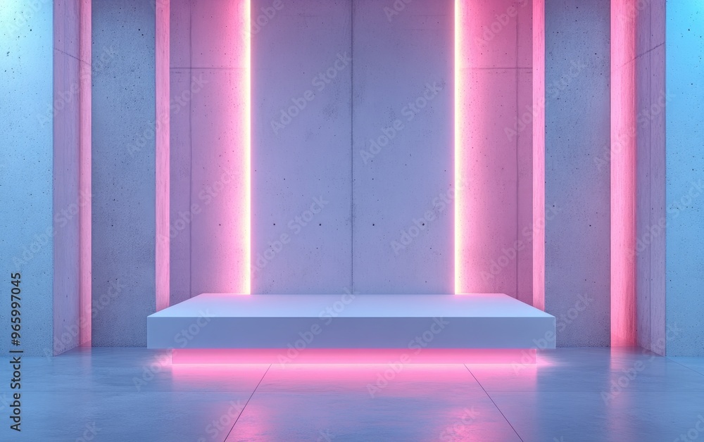 Poster Abstract interior design of a modern showroom featuring an empty white floor and smooth concrete wall backdrop with a podium for product display in futuristic architecture or an unconventional dwe