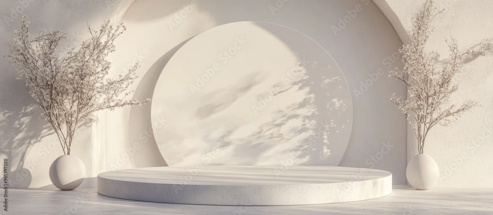 Aufkleber Minimalist white podium setup for mock up presentation with ample copy space featuring a 3D rendered abstract background design