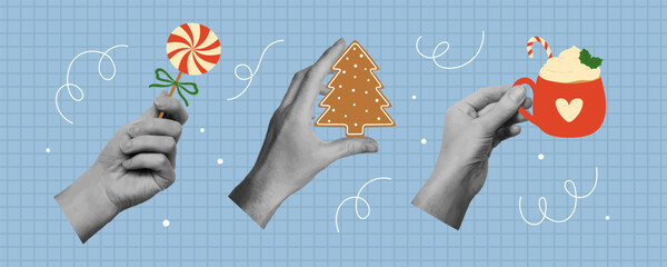 Set of Christmas collage designs with hands. Trendy pop art template for winter holidays design
